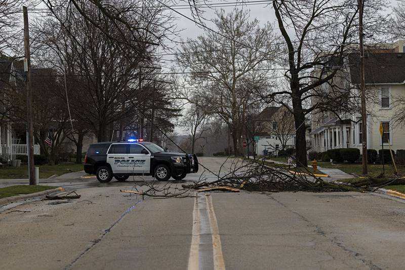 A large tree limb blocks traffic on Everett Street in Dixon Monday, April 3, 2023 after a strong storm moved through the area.