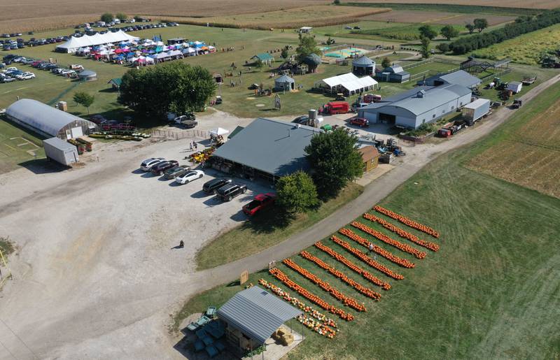 An aerial view of Boggios Orchard and Produce on Saturday, Sept. 27, 2025 in Granville. This weekend featured the 26th Annual Pumpkin Harvest Craft Show. Boggio's features a market, bakery, and pumpkin hill free of charge. There is a cost to take the kids to the play area which includes a jumping pillow, corn maze, wagon rides, a petting zoo, and playground.