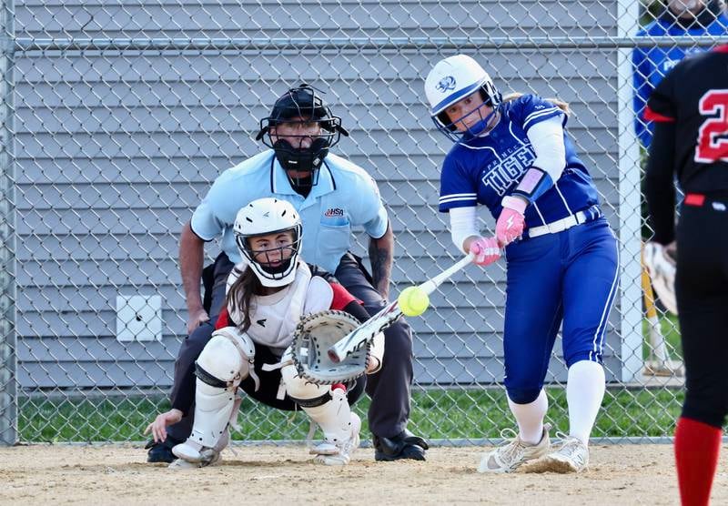 Princeton's Makayla Hecht hits the ball during the Tigresses' 15-0, four-inning victory on Thursday, May 7, 2026 in Princeton.