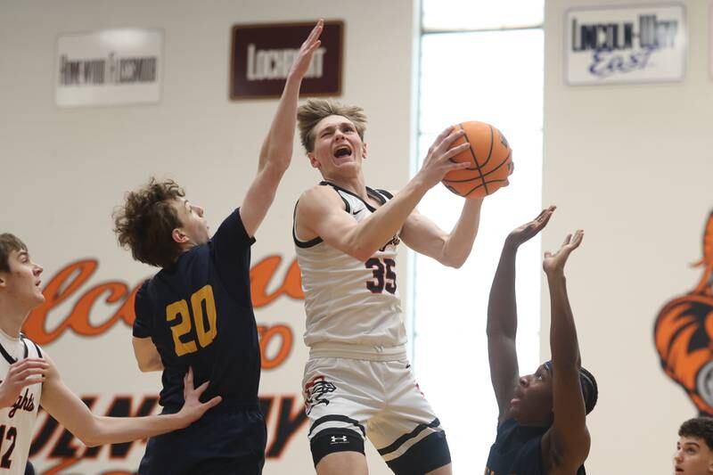 Lincoln-Way West’s Colin Lea goes in for the basket against Neuqua Valley on Saturday, Feb. 1, 2025.