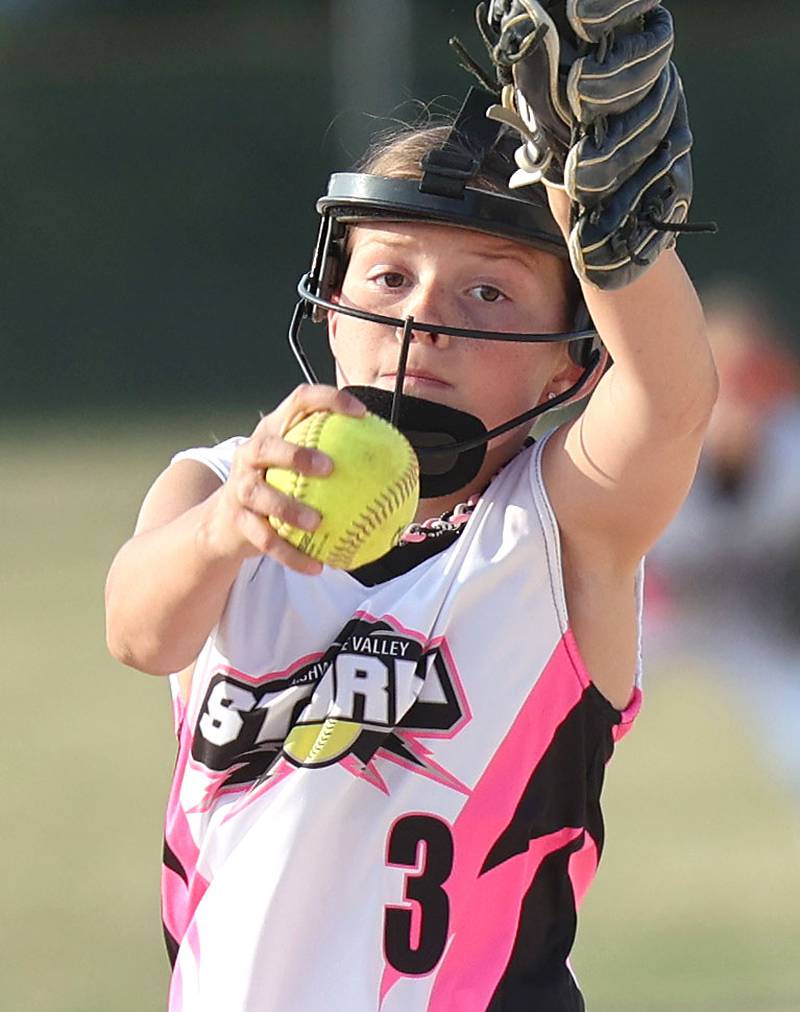 Kishwaukee Valley Storm 10u player Olivia Crutcher delivers a pitch Wednesday, June 21, 2023, during a scrimmage game against the Poplar Grove Power at the Sycamore Community Sports Complex. The Kishwaukee Valley Storm is hosting the Storm Dayz tournament this weekend which draws about 70 teams and runs Friday through Sunday in Sycamore.