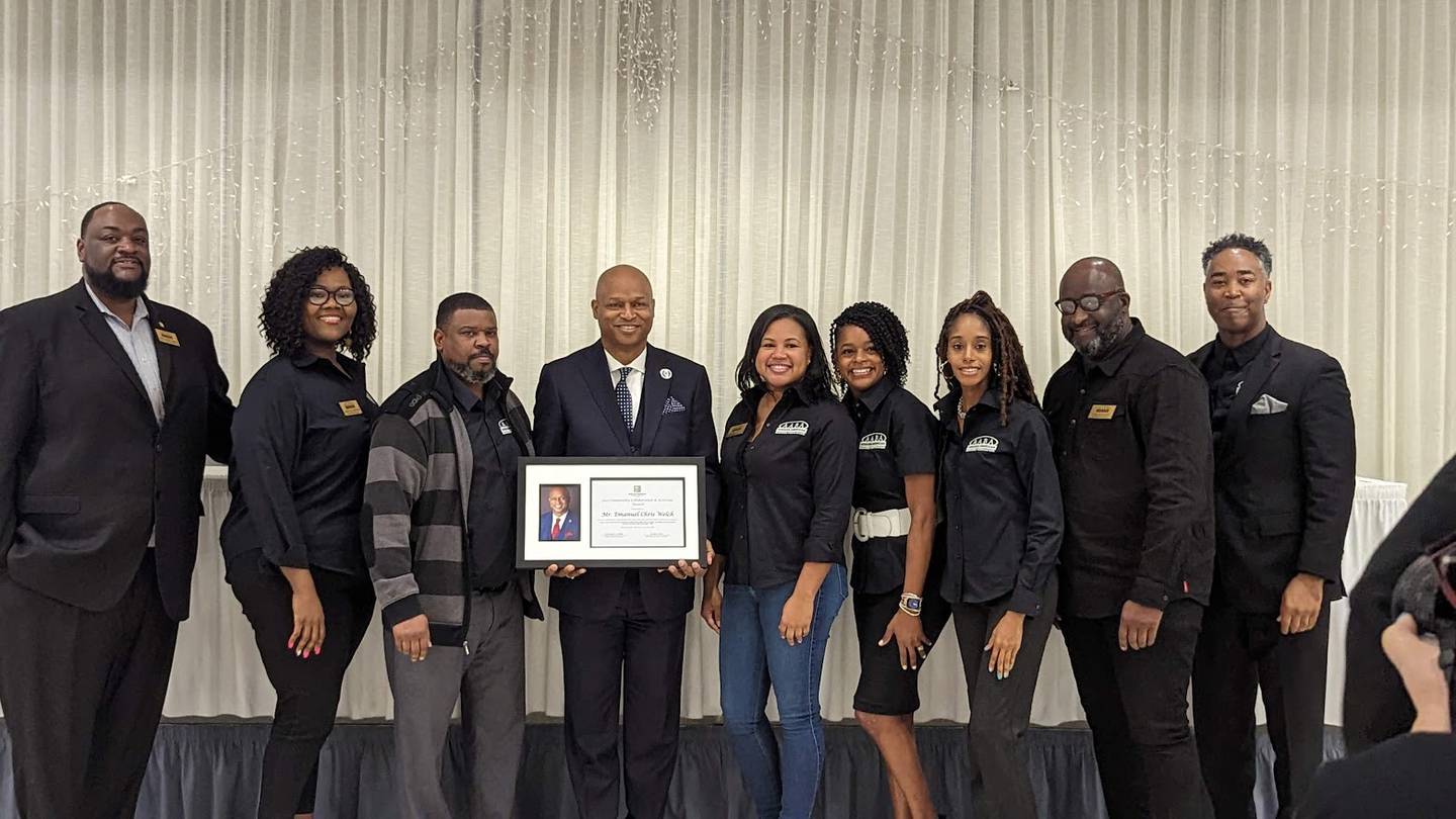 Illinois House Speaker Emanuel “Chris” Welch (center, holding award) was one of five people who received the African American Business Association’s
2023 Community Collaboration and Activist Award at ABBA's MLK Brunch and Celebration on Saturday, Jan. 14, 2023, at the International Brotherhood of Electrical Workers 176 hall in Joliet. ABBA board president Christopher Parker (far left) is pictured with ABBA board members.