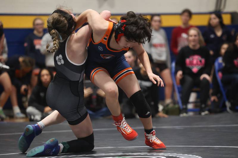 Romeoville’s Daniela Santader brings down Joliet Township’s Chloe Wong in the Southwest Prairie Conference 100 pound Championship at Joliet Central on Saturday, Jan. 20th, 2024.