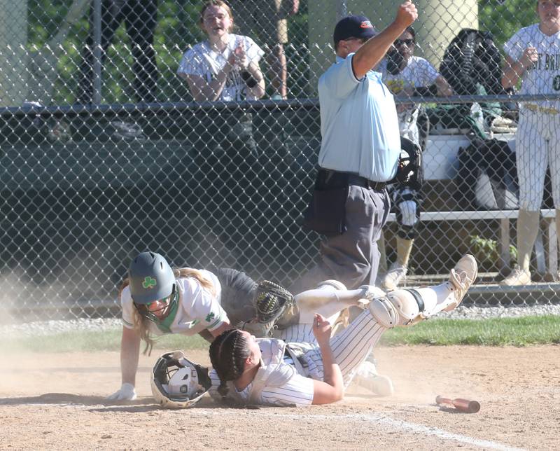 Seneca's Taylor Mino is called out at the plate while colliding with St. Bede catcher Bella Pinter on Tuesday, May 7, 2024 at St. Bede Academy.