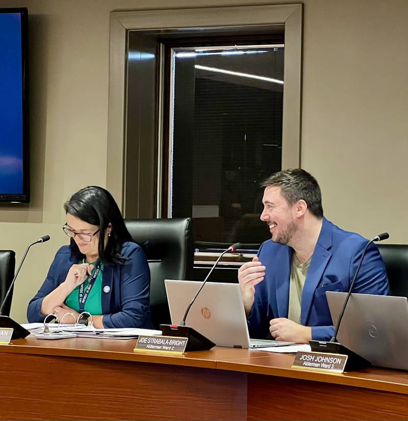Sterling Mayor Diana Merdian and Alderman Joe Strabala-Bright at a Sterling City Council meeting on March 3, 2025.