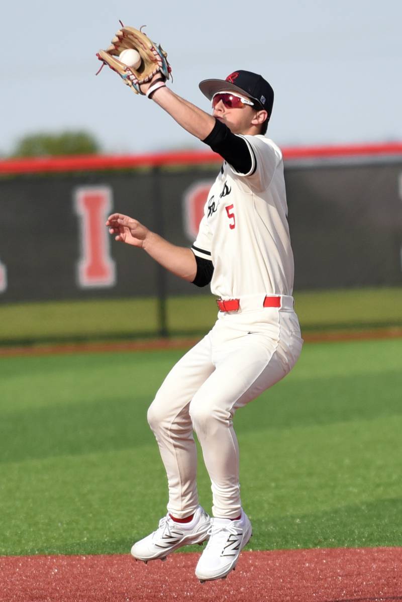 Bradley-Bourbonnais' Jace Boudreau catches a line drive during a home game agianst Stagg Friday, May 8, 2026.