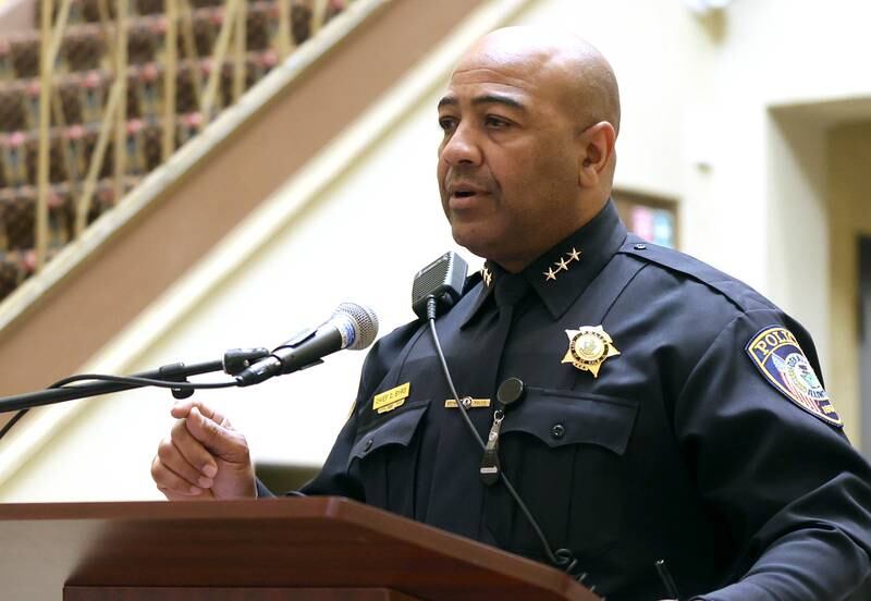 DeKalb Police Chief David Byrd speaks Monday, Oct. 3, 2022, at the Egyptian Theatre during the Safe Passage domestic violence vigil.