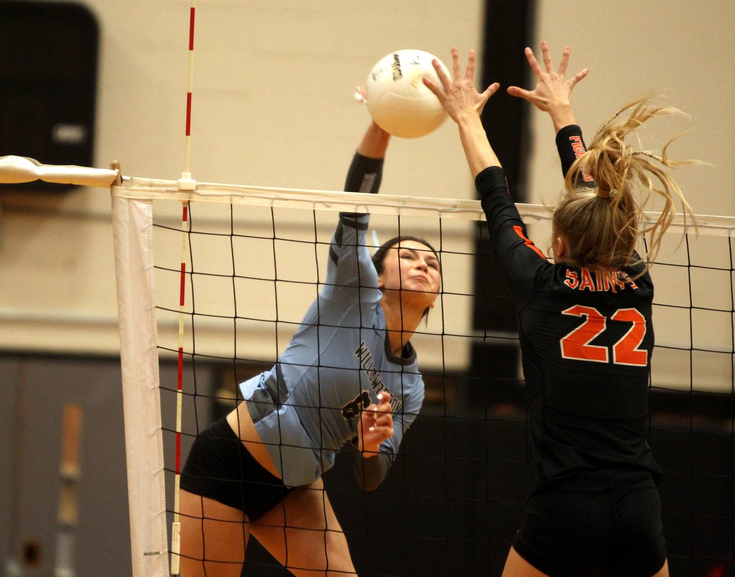Willowbrook’s Hannah Kenny gets the ball over the net during their Class 4A Proviso West Sectional final against St. Charles East on Wednesday, Nov. 2, 2022.