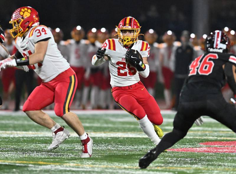 Batavia's Nathan Whitwell (28) looks for a opening during the Class 7A semifinal playoff game against Lincoln-Way Central on Saturday, Nov 23, 2024 at New Lenox. (Dean Reid for Shaw Local News)