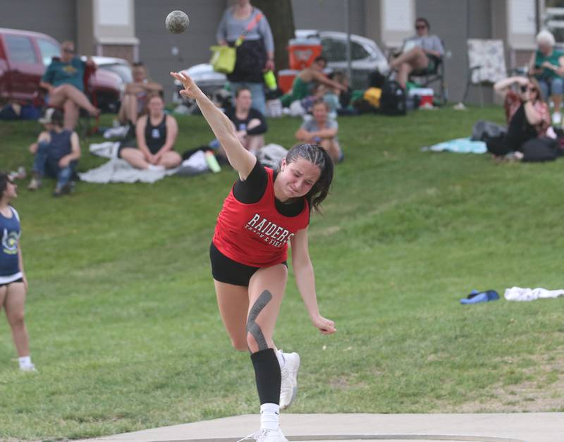 Earlville's Madilyn Sterchi competes in the shot put during the Class 1A Sectional track meet on Thursday, May 15, 2025 at Seneca High School.