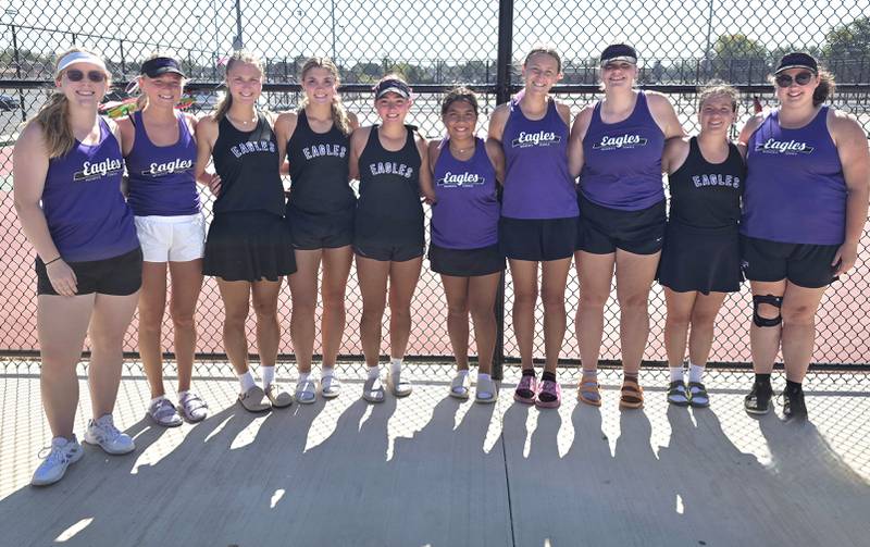 Members of the IVCC women's tennis team (from left) Mina James, Izzy Pecchio, Raleigh Leininger, Phoebe Shetterly, Grace Pecchio, Eva Cervantes, Ellie Taylor, Joyce Walkling, Alexandra Mahan and Makenzie Eichelkraut pose for a photo after winning their regular season finale. IVCC finished 8-1. The Eagles were undefeated against junior college teams and region opponents.