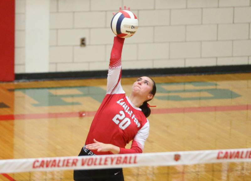 L-P's Anna Riva sends a kill to Sycamore on Tuesday, Sept. 23, 2025 in Sellett Gymnasium at L-P High School.
