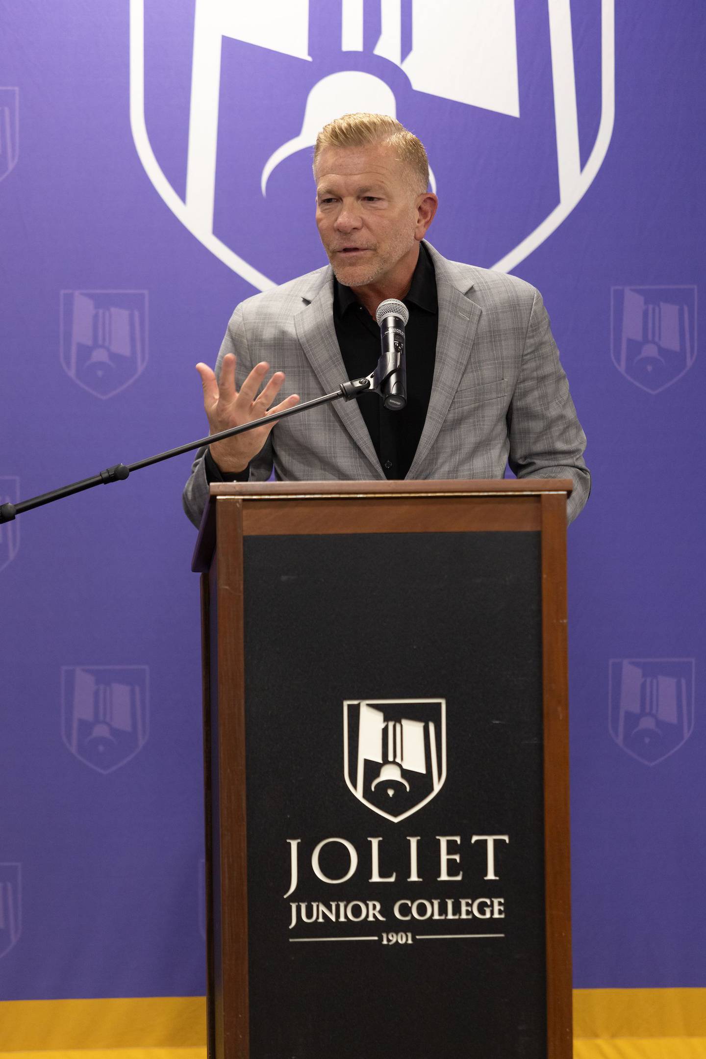 Michael Mutterer, president of Silver Cross Hospital, speaks on how the Prepare for Illinois Future initiative supports a growing pipeline of career-ready students in professions facing critical shortages such as nursing during an event at the college on Thursday, April 24, 2025.