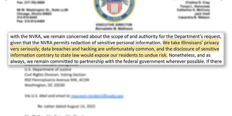 A letter from the Illinois State Board of Elections to the U.S. Department of Justice outlines the state’s concerns with the department’s efforts to collect sensitive voter data.