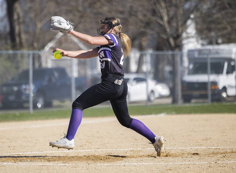 Dixon’s Abby Hicks winds up for a pitch against Rock Falls Tuesday, April 9, 2024 at Reynold’s field in Dixon.