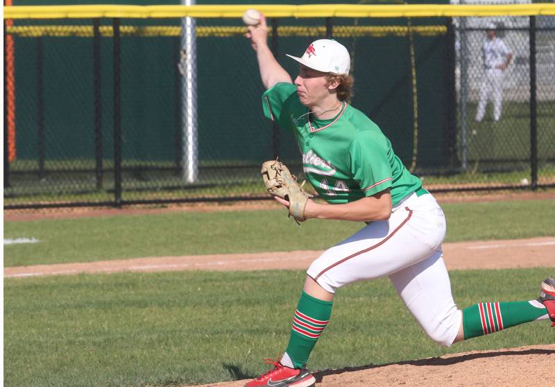 L-P pitcher Bady Backes lets go of a pitch to Morris during the Class 3A Regional semifinal game at Huby Sarver Field in La Salle.