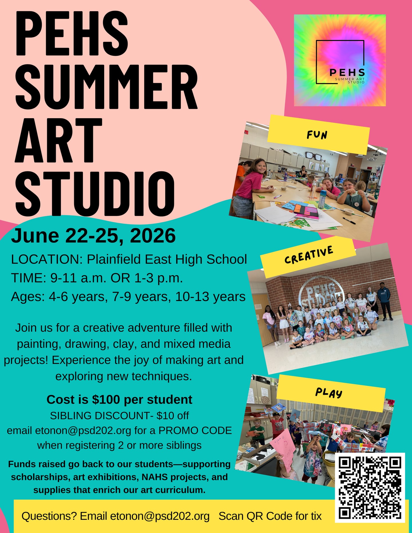 Plainfield East High School summer art camp flyer 2026