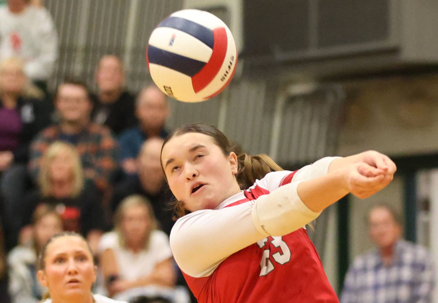 L-P's Kenzie Chamberlain returns a serve during the Class 3A Sectional final game on Thursday, Nov. 6, 2025 in Sellett Gymnasium at L-P High School.