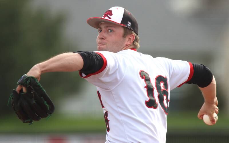 Huntley’s Malachi Paplanus makes an offering against Jacobs in varsity baseball Wednesday at Huntley.