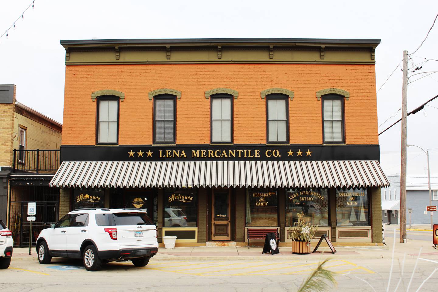 Lena Mercantile Co., 101 West Railroad St. in Lena, is open from 9:30 a.m. to 5:30 p.m. daily. The eatery serves lunch from 11 a.m. to 2 p.m. Monday through Saturday.