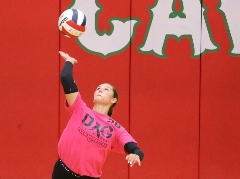 L-P's Callie Mertes serves the ball against Ottawa during Volley for a Cure night on Tuesday, Oct. 1, 2024 at AJ Sellett Gymnasium.