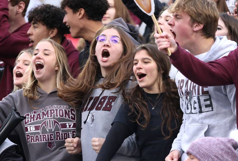 Prairie Ridge fans root on their team during their IHSA Class 6A state championship game against East St. Louis Saturday, Nov. 26, 2022, in Memorial Stadium at the University of Illinois in Champaign.