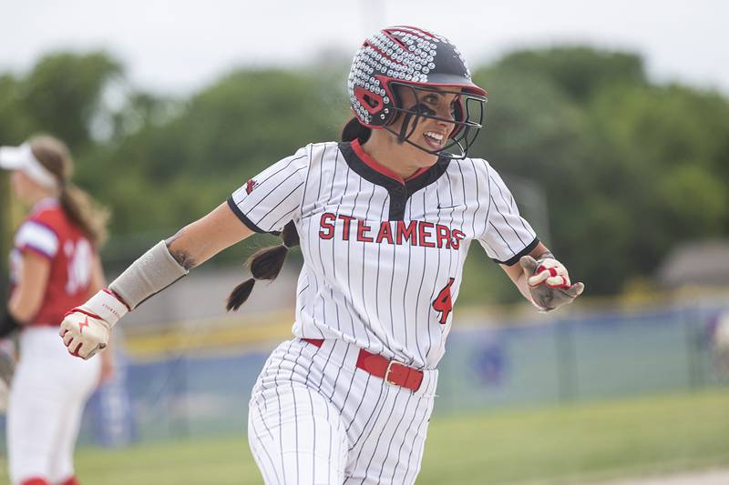 Fulton’s Zoe Kunau rounds third to score against Morrison Friday, May 22, 2026, at the Class 1A softball regional at Newman High School.