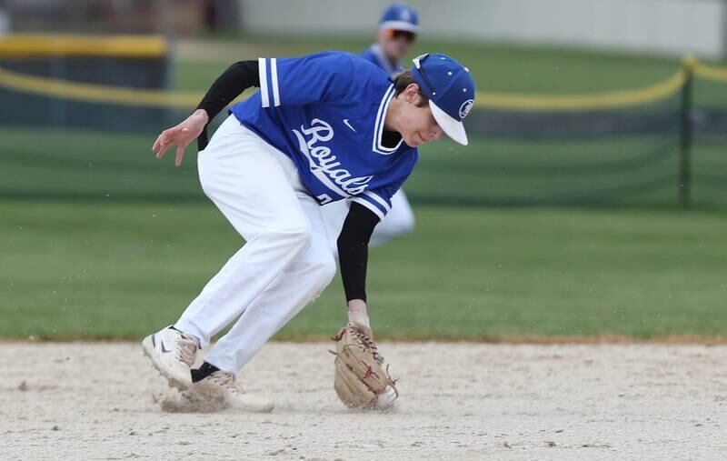 Hinckley-Big Rock's Skyler Janeski fields a grounder during their game Monday, May 1, 2023, at Indian Creek High School in Shabbona.