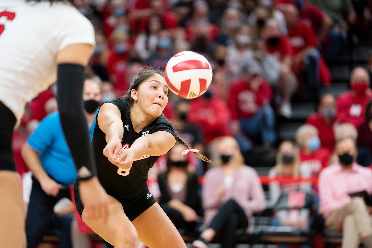 Nebraska libero Lexi Rodriguez pass the ball during a match against Indiana earlier this season.