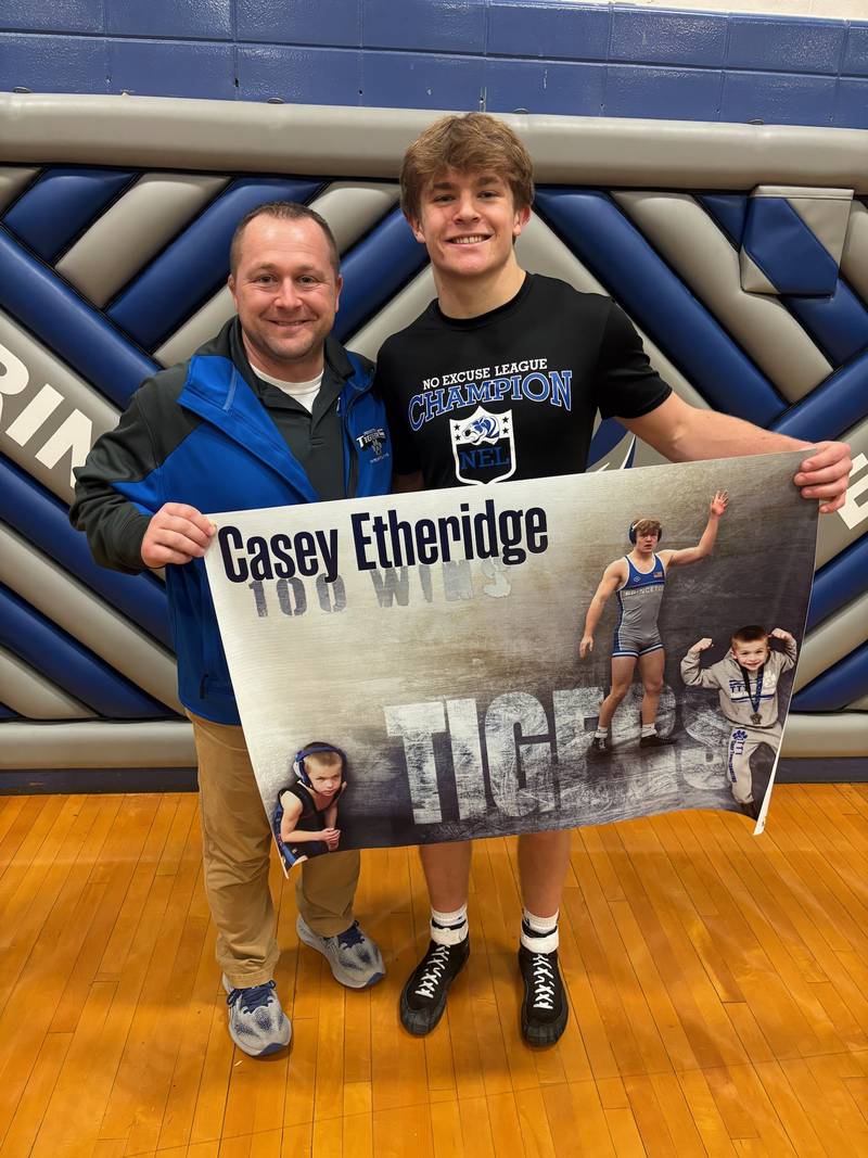 Princeton junior Casey Etheridge recorded his 100th career victory with a pair of wins at home Thursday night over L-P and IVC.