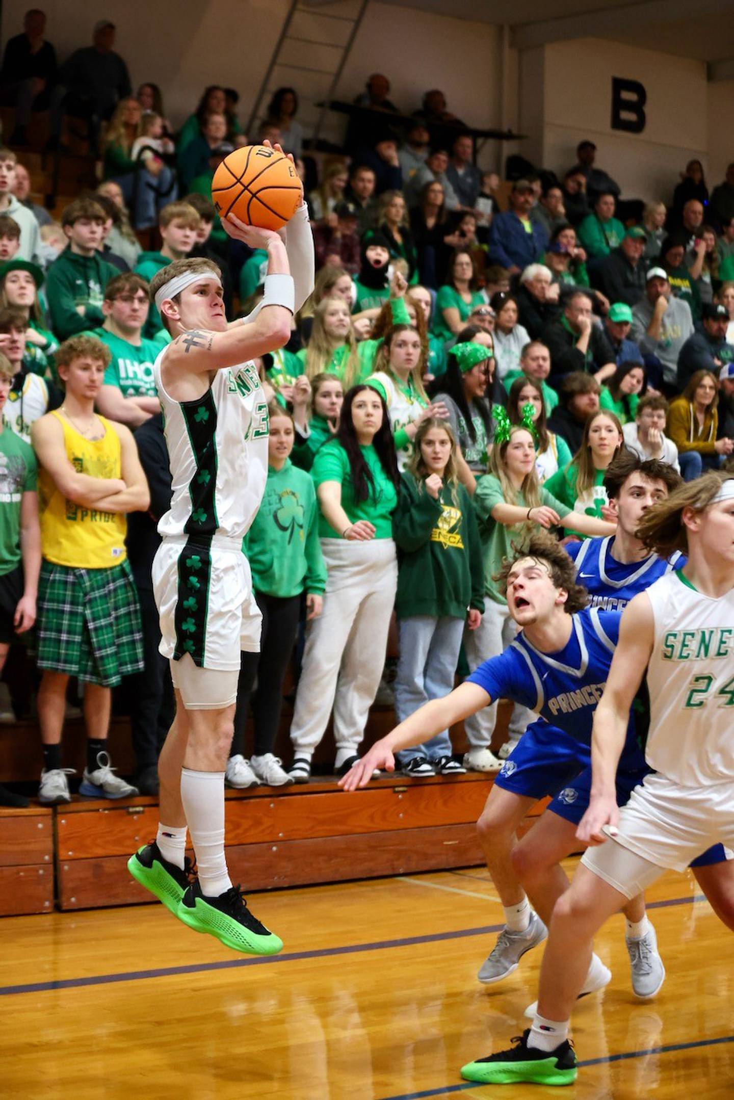 Seneca's Paxton Giertz launches a 3-point shot in the Class 2A regional championship against Princeton at Prouty Gym this past season.