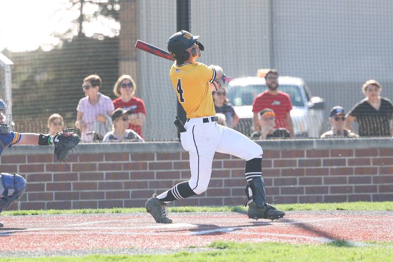 Joliet West’s Ryan Sobun drives in a run against Joliet Central on Monday, April 15, 2024.