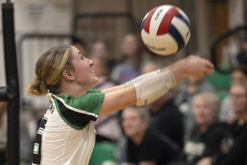 Rock Falls' Miley Bickett saves a ball against Riverdale Tuesday, Oct. 28, 2025, in the Class 2A regional semifinal at Rock Falls.