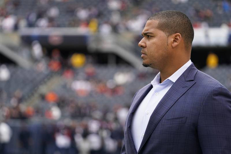 Chicago Bears general manager Ryan Poles looks on before a game against the Houston Texans, Sunday, Sept. 25, 2022, in Chicago.