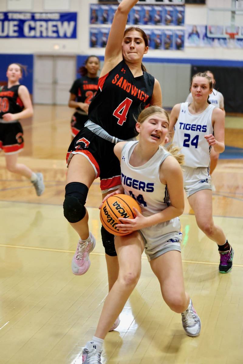 Sandwich's Hannah Treptow defends against Princeton's Payton Brandt in regional semifinal play Tuesday at Prouty Gym. The Tigresses won 50-35..
