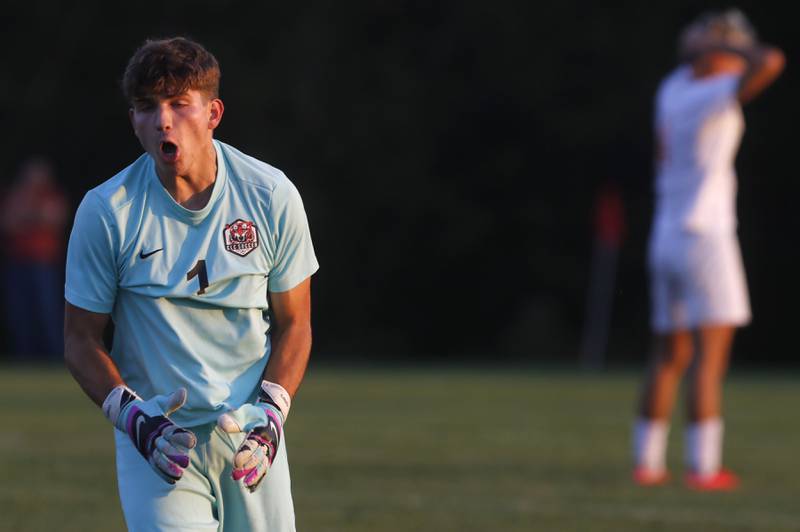Crystal Lake Central's Anthony Bellino reacts to a missed goal attempt during a Fox Valley Conference soccer match against Prairie Ridge on Thursday, Oct. 10, 2024, at Prairie Ridge High School.