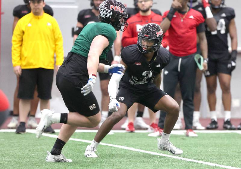 Northern Illinois University cornerback Javaughn Byrd covers tight end Tristen Tewes during spring practice in the Chessick Practice Center Wednesday, April 6, 2022, at NIU in DeKalb.