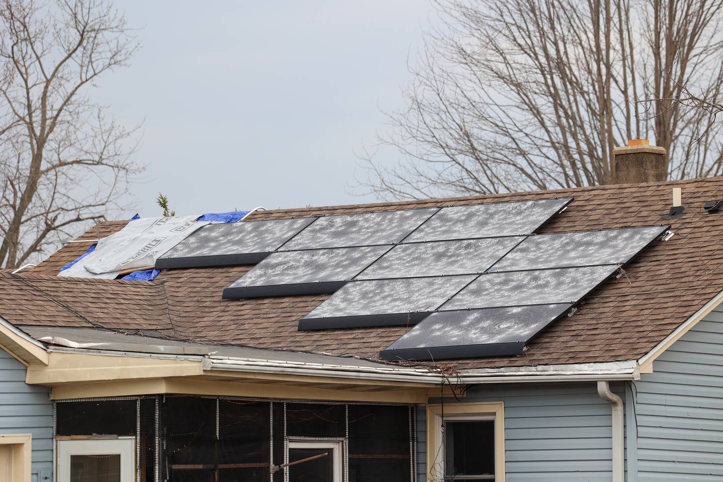 Solar panels are damaged on a home along West Brookmont Boulevard in Bradley on March 26, 2026, following the March 10 storms that passed through Kankakee County.