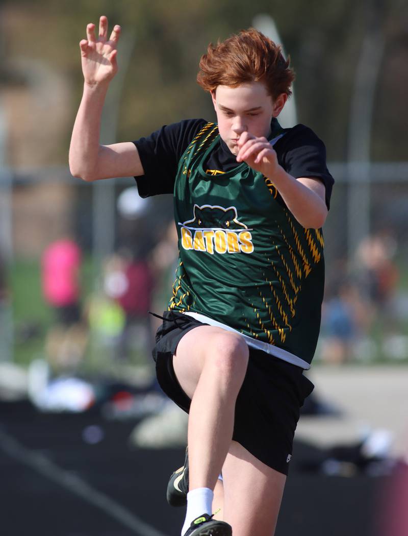 Crystal Lake South’s Ayden Frankland competes in the triple jump during the McHenry County Track and Field Meet at McCracken Field on Thursday, April 24, 2025, in McHenry