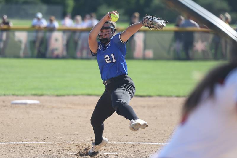 Lincoln-Way East’s Danielle Stewart delivers a pitch against Marist in the Class 4A Marist Supersectional. Tuesday, June 7, 2022 in Chicago.