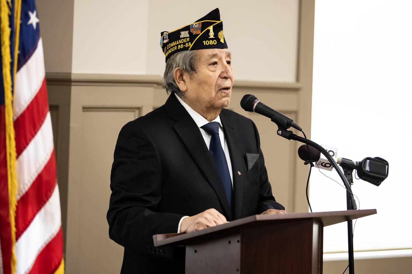 Tony Arellano addresses the crowd during a Veterans Day ceremony at American Legion Post 1080 in Joliet on Nov. 11, 2025.