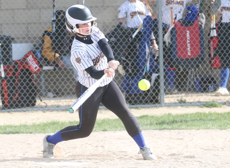 Somonauk/Leland's Maddie LeCuyer drives in two runs with this hit against Mendota during the Class 1A Regional quarterfinal game on Monday, May 19, 2025 at Somonauk High School.