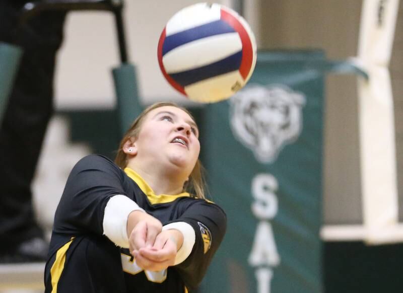 Putnam County's Myah Richardson directs the ball to the St. Bede side of the net on Tuesday, Sept. 24, 2024 at St. Bede Academy.