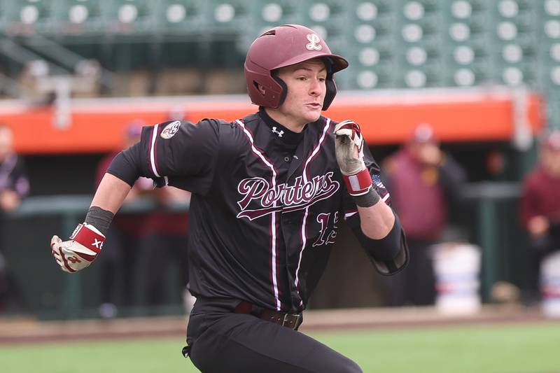 Lockport’s Connor Ryan heads to first on a RBI single against Joliet West in the WJOL Don Ladas Memorial baseball tournament championship game on Saturday, April 4, 2026 in Joliet.