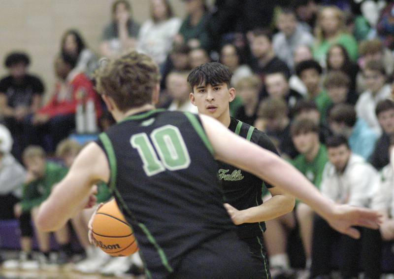 Rock Falls player Austin Castenada looks to pass. Dixon hosted Rock Falls in boys basketball Friday, February 14, 2025 at Lancaster Gym at Dixon High School. Rock Falls won a hard fought game 48-46.