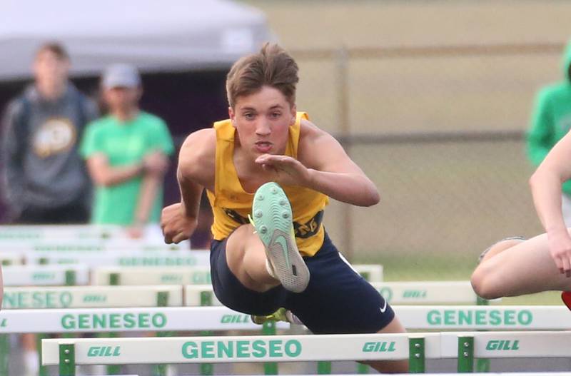 Sterling's Andrew Bland competes in the 110 meter hurdles during the Class 2A track sectional meet on Wednesday, May 17, 2023 at Geneseo High School.