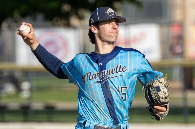 Alec Novotney (15) of Marquette pitches on Thursday, May 8, 2025 at Masinelli Field in Ottawa.