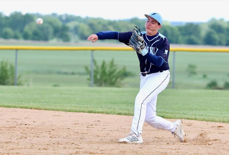 Bureau Valley senior second baseman Landon "Nacho" Smith gets his man at first  in Thursday's regional semifinal game at Manlius. Orion won 6-0.