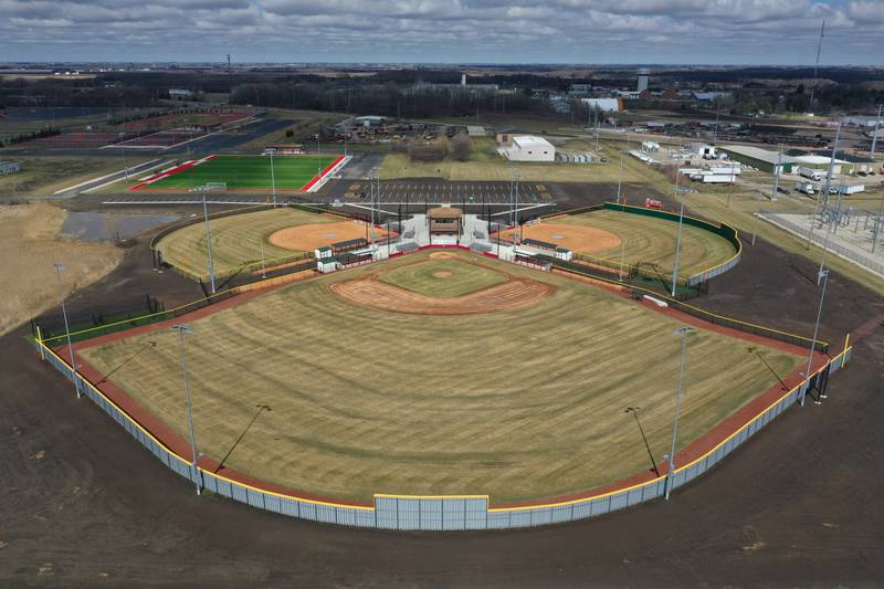 An aerial view of the baseball and softball fields at La Salle-Peru Township High School Athletic Complex on Wednesday, March 6, 2024 in La Salle.  In March of 2023,  L-P announced a $9.5 million addition/renovation to its sports complex. The project included an addition of a baseball field, two softball fields and four tennis courts; the installation of artificial turf on the soccer field; the expansion of parking; the addition of restrooms in the soccer building; and construction near the baseball/softball fields that will include a concession stand, press box and restrooms.