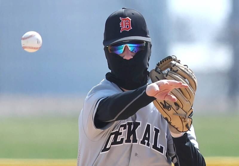 DeKalb's Joshua Klemm throws the ball to first during their game against Kaneland Friday, April 15, 2022, at Kaneland High School in Maple Park.